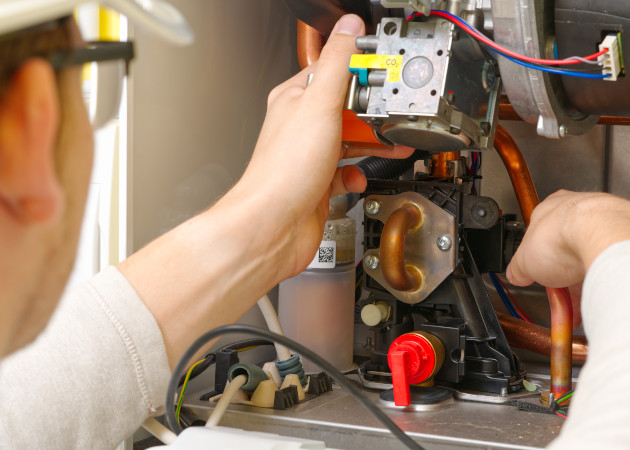 Maintenance and Repair of a gas boiler, setting up and servicing. Technician servicing the gas boiler for hot water and heating. heating servicing concept