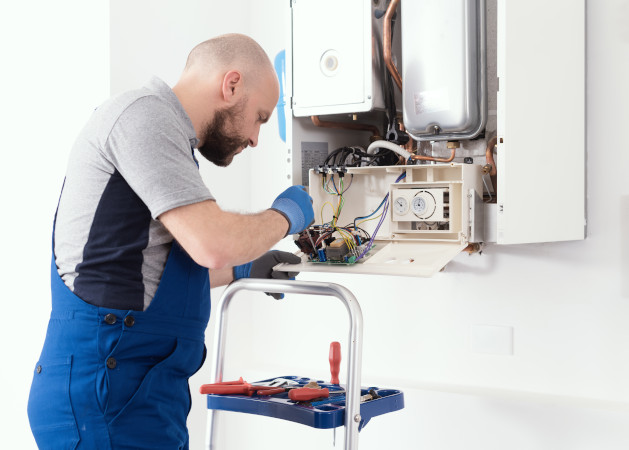 Professional qualified engineer servicing a natural gas boiler at home